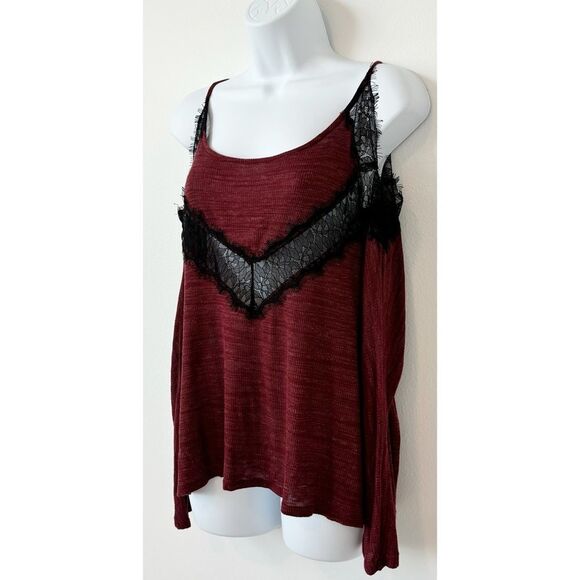 Pins & Needles Cold Shoulder Mixed Media Burgundy Lace Top Womens Medium - Picture 6 of 11